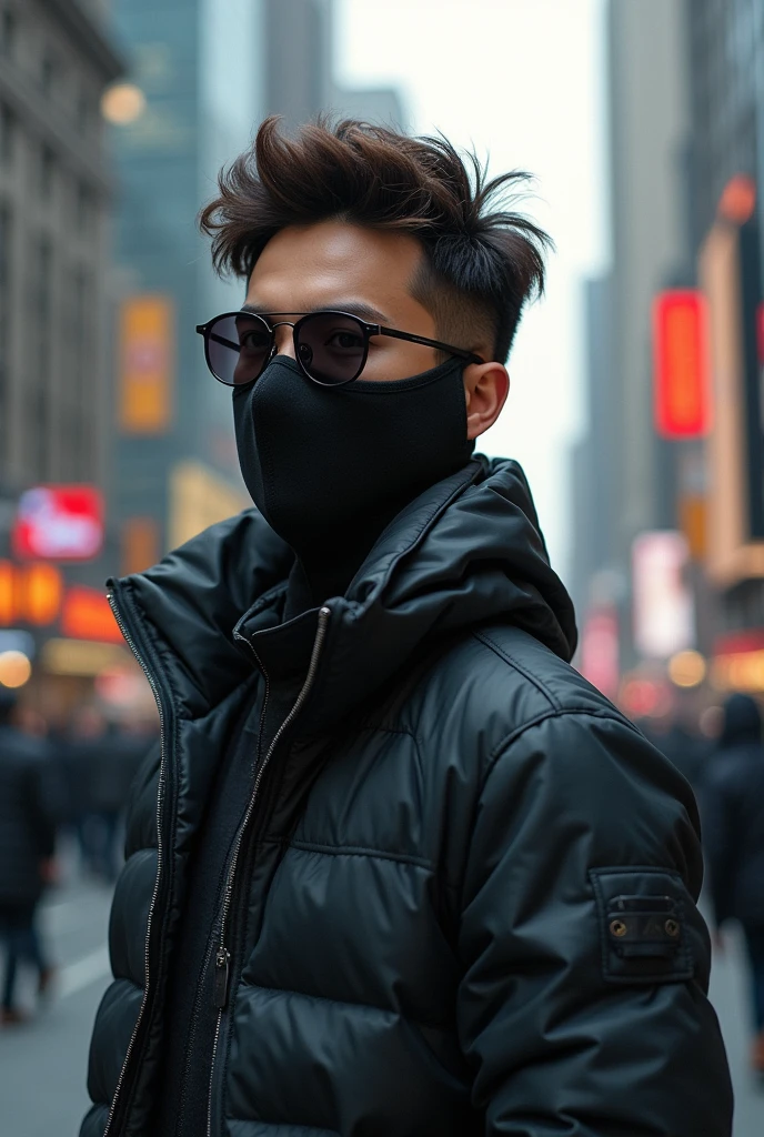 A young man wearing sunglasses and a mask
