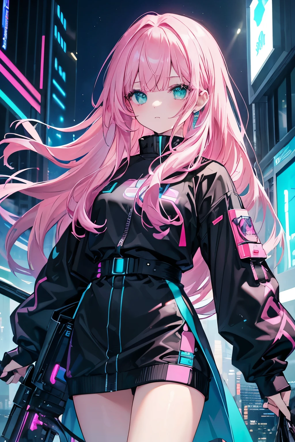 ((Highest quality)), ((masterpiece)), (detailed), Perfect Face, Beautiful woman with long pink hair and sky blue reflection, She has tufted bangs, She has green eyes in a cyberpunk city with sky blue lights, She was dressed in all black、It has neon pink lights, whole body.