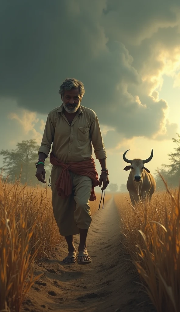 First Scene: Kishan is seen plowing his small field with his old ox, displaying determination and hard work on his face.Second Scene: Kishan is sowing seeds into the soil, with a hopeful expression in his eyes.Third Scene: Dark clouds are gathering in the sky, indicating a lack of rain and an impending drought.Fourth Scene: Kishan is standing in his dry field, looking worried as the crops have withered due to insufficient rain.Fifth Scene: Kishan is at home, sitting with a concerned and despondent expression, realizing his crops have failed.Sixth Scene: Kishan’s ox has fallen ill, and he is sitting beside the animal with a sorrowful look on his face.Seventh Scene: Kishan is in the market, selling his household items to afford treatment for his sick ox.Eighth Scene: A veterinarian is attempting to treat the ox, with Kishan anxiously watching the process.Ninth Scene: Kishan is mourning beside his ox, which has died despite his efforts to save it.Tenth Scene: Villagers gather around Kishan, offering him seeds and a new ox, showing their support and solidarity.Eleventh Scene: Kishan gratefully accepts the villagers' help, showing deep gratitude.Twelfth Scene: Kishan is back in the field, working with renewed hope and determination.Thirteenth Scene: Healthy crops are growing in the field, indicating Kishan's hard work is finally paying off.Fourteenth Scene: Kishan is standing in front of his successful harvest, smiling with happiness and relief.Fifteenth Scene: The villagers and Kishan are celebrating the bountiful harvest together, symbolizing unity and perseverance.