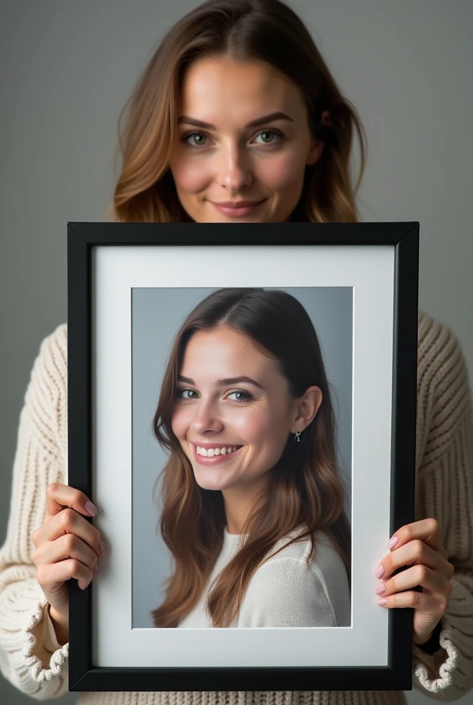 photo 25yo Polish woman holding a picture in a black frame 40x50cm , ((white) passe partout)