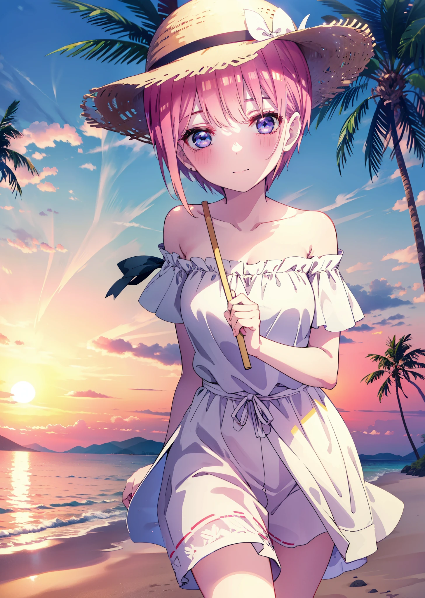 ichikanakano, Nakano Ichika, short hair, bangs, blue eyes, Hair between the eyes, Pink Hair, smile,blush,Open your mouth,Straw hat,White off-shoulder dress,Short sleeve,Long skirt,barefoot,Walking,sunset,evening,The sun is setting,Strolling on the sandy beach,
break outdoors, Beach,
break looking at viewer, whole body,
break (masterpiece:1.2), Highest quality, High resolution, unity 8k wallpaper, (figure:0.8), (Beautiful attention to detail:1.6), Highly detailed face, Perfect lighting, Highly detailed CG, (Perfect hands, Perfect Anatomy),