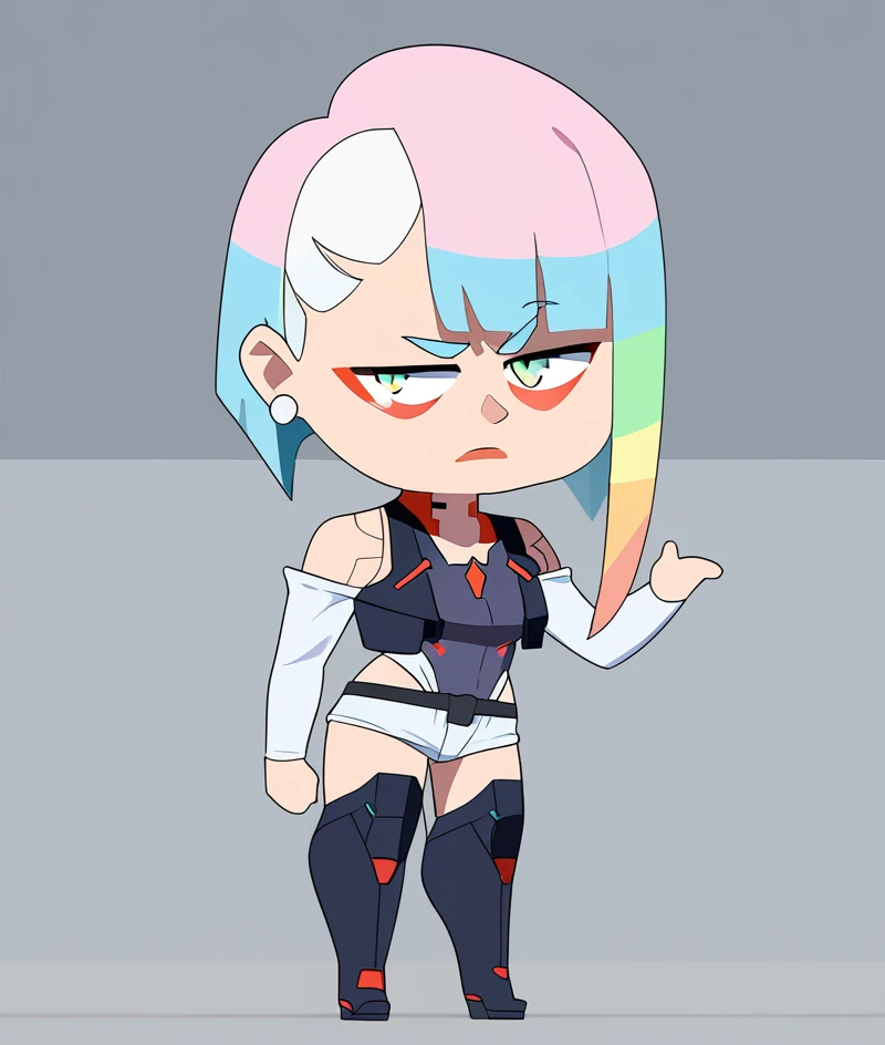 1girl, solo, sexy, lucy \(cyberpunk\), 1girl, short hair, bangs, multicolored hair, multicolored eyes, red eyeliner, makeup, black belt, bodysuit, highleg leotard, white open jacket, white short shorts, hip vent, thighhighs boots, chibi, slit pupils, solo, full body, , Girl with a Pearl Earring,
(vector art:1)