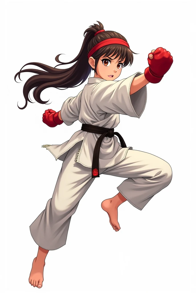 Create a dynamic anime-style illustration of a cute female martial artist performing a powerful jumping punch. She has long, flowing hair tied back with a red headband that trails behind her, and her expression is fierce yet adorable.
She wears a traditional martial arts uniform (gi) that is slightly oversized, with the sleeves rolled up, and the belt tightly secured around her waist. The gi is pure white with slight tears and frays to indicate battle experience. Her gloves are red and padded, similar to those worn by professional fighters.
Her pose should be energetic, with one fist thrusting upwards in a powerful punch, while her legs are bent in mid-air as if she’s executing a high jump. The focus should be on her strength and determination, yet with a touch of femininity and charm.
The background can be minimalistic or white, with her motion and energy being the central elements of the artwork.