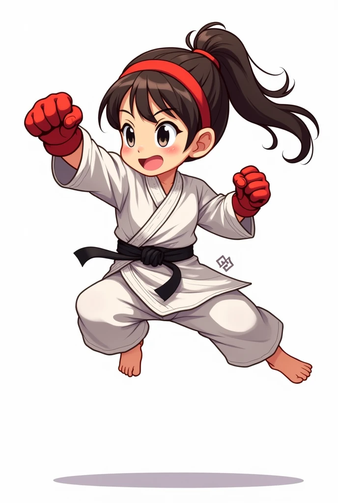 Create a dynamic anime-style illustration of a cute female martial artist performing a powerful jumping punch. She has long, flowing hair tied back with a red headband that trails behind her, and her expression is fierce yet adorable. 

She wears a traditional martial arts uniform (gi) that is slightly oversized, with the sleeves rolled up, and the belt tightly secured around her waist. The gi is pure white with slight tears and frays to indicate battle experience. Her gloves are red and padded, similar to those worn by professional fighters. 

Her pose should be energetic, with one fist thrusting upwards in a powerful punch, while her legs are bent in mid-air as if she’s executing a high jump. The focus should be on her strength and determination, yet with a touch of femininity and charm. 

The background can be minimalistic or white, with her motion and energy being the central elements of the artwork.