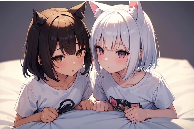 NSFW Printed Polaroid Photo\(2females および2人の女の子 cute,cute Five fingers Five fingers Small wolf ears Small wolf ears White Shorthair Brown short hair Petite Petite Normal chest Normal chest first round T-Shirts T-Shirts Background on the bed Kiss