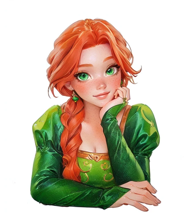 a drawing of a girl with long red hair and a green dress, portrait of princess merida, Disney art style, with red hair and green eyes, no art style by bowater, princess portrait, she has long orange brown hair, personagem da disney, Disney art style, portrait of princess, maiden with copper hair