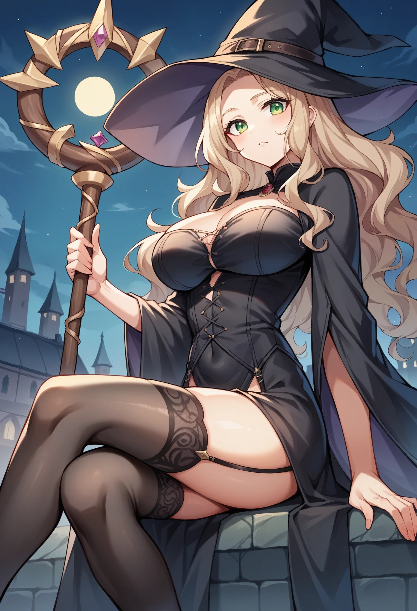 Create an image of Tsunade from the Naruto series dressed in a seductive witch cosplay. Her outfit should accentuate her alluring body and showcase her beauty. Tsunade has a distinctive facial structure with high cheekbones, sharp almond-shaped eyes, and full lips. Her golden hair is long and straight, cascading down her back and framing her striking face. She has a diamond-shaped mark on her forehead, which is a key feature of her appearance.
The witch costume includes a plunging neckline to highlight her ample cleavage, with intricate lace detailing around the edges for an elegant touch. She wears a form-fitting corset that cinches at her waist, emphasizing her hourglass figure and toned abs, paired with a short, tattered skirt that flares out to reveal her long, shapely legs. Thigh-high stockings with lace trim and stiletto boots complete the look.
A pointed witch's hat adorned with mystical symbols and a flowing ribbon sits atop her head. She holds a glowing wand in one hand and a spellbook in the other, both emitting an eerie, magical light. The background is a moonlit forest, with shadows dancing and an atmosphere thick with enchantment, highlighting her commanding and seductive presence. This image should capture Tsunade's fierce strength and undeniable allure.