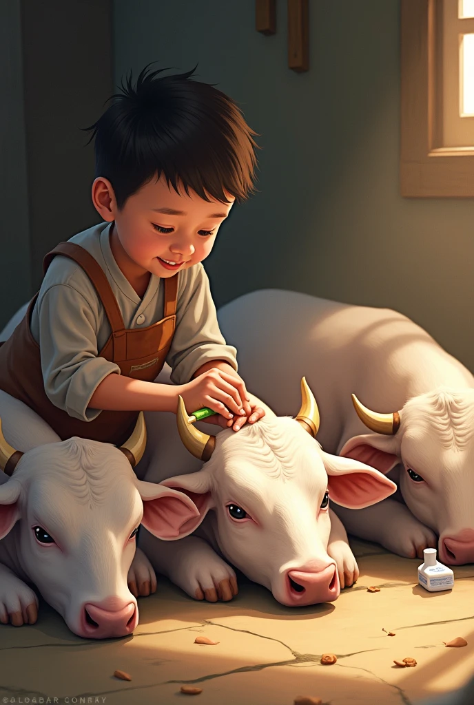 Three Sick calf sit on the floor taking treatment by child give medicine by bamboo real life