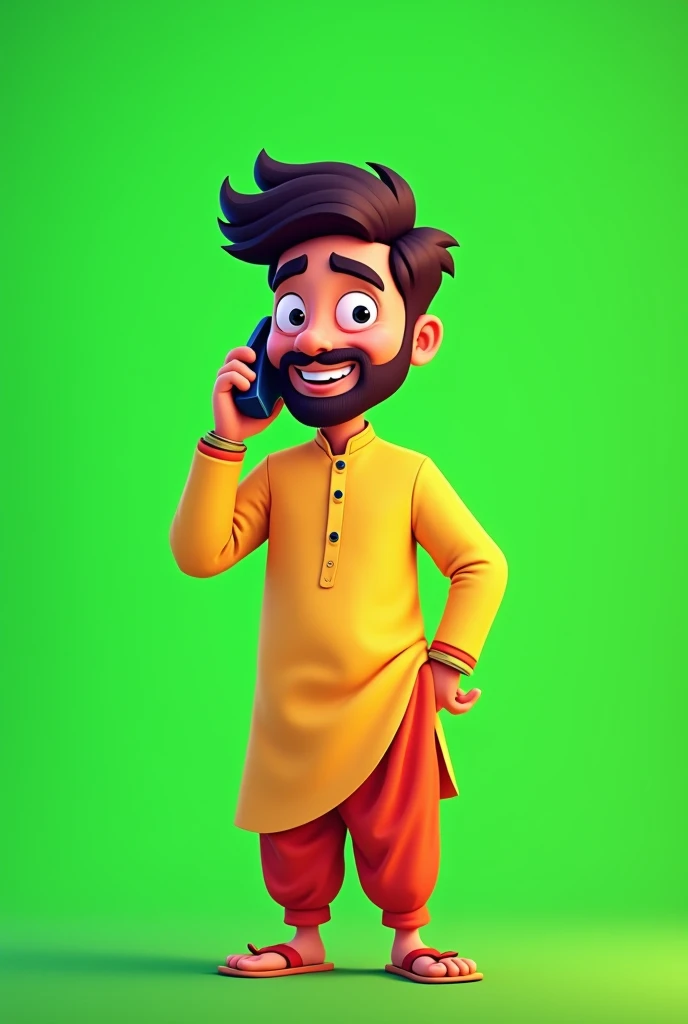 Indian desi 2d male cartoon on phone call with green screen