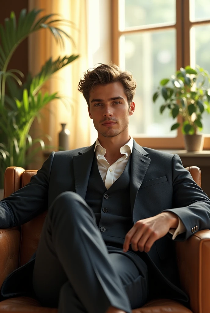 (photorealism:1.2), handsome man, in his twentis, fair white complexion, sitting on chair, three piece suit, messy quiff hairstyle, indoors, soft lighting, plants in background, window with sunlight, seminar hall, relaxed pose, realistic, intricate details, warm colors