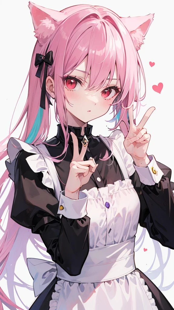 Maid clothes,Red eyes,Long Hair,Straight Hair,Purple and pink hair color,girl,He is making a peace sign with his left hand and looking at me.,Smooth hair,Cat ear