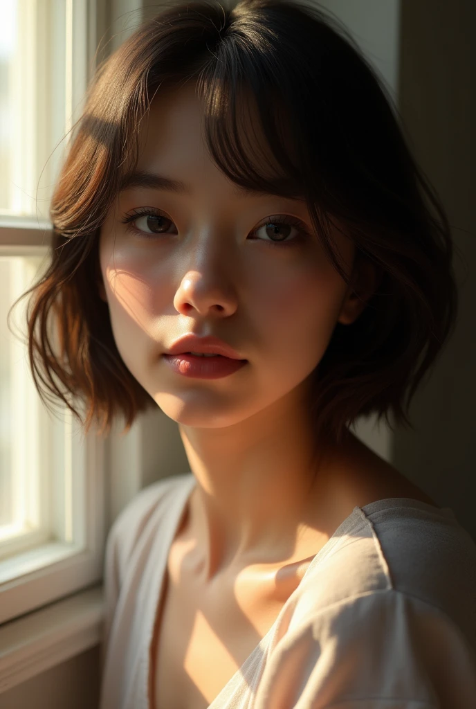 Realistic portrait of a young woman with a bob cut。The natural light coming in through the window gently illuminates her face.。Her expression is calm and composed。Skin texture and natural color、And you can feel the realistic shadows.。