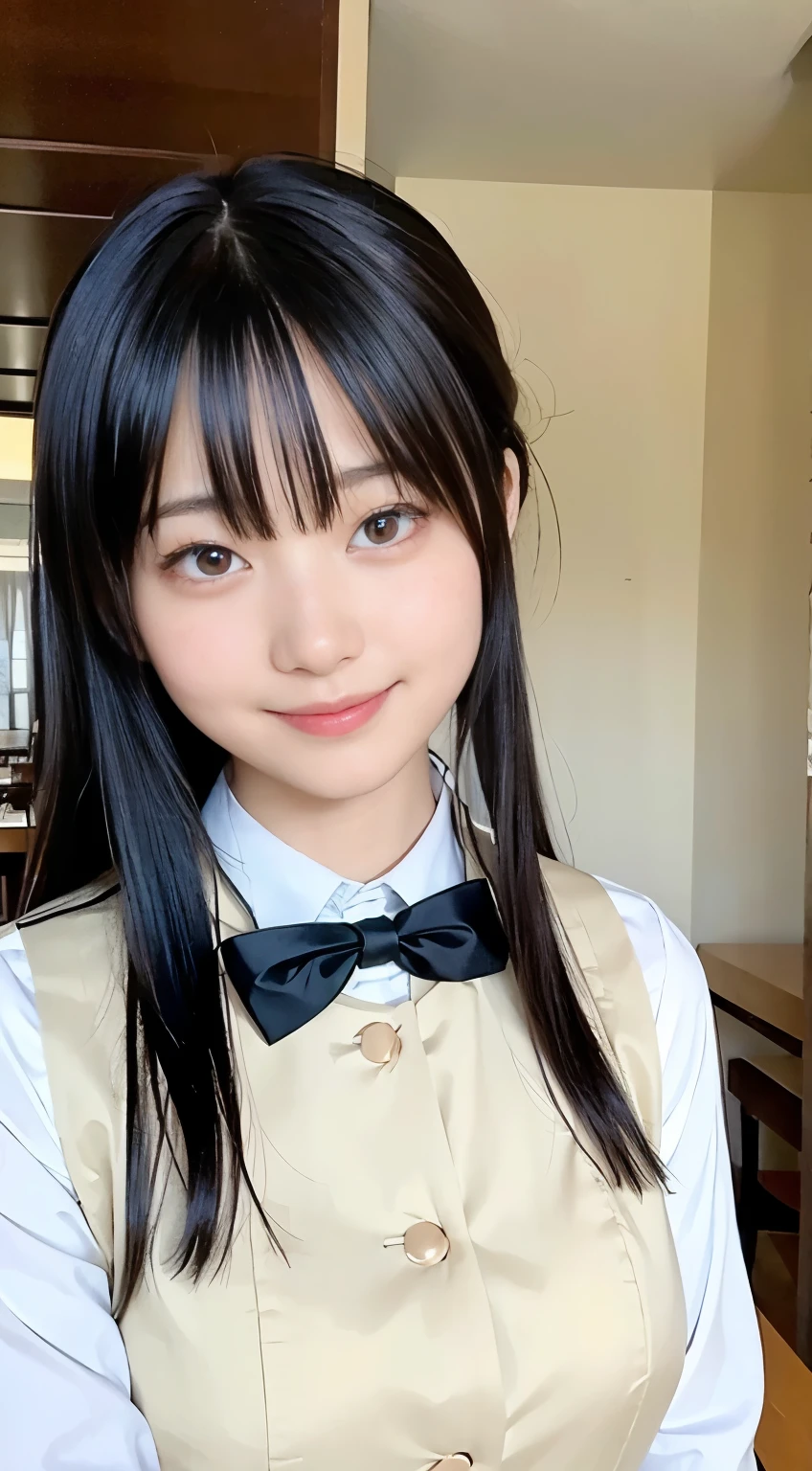 (Highest quality,masterpiece:1.3,Ultra-high resolution,),(Very detailed,Caustics),(Realistic:1.4,RAW shooting,)Ultra-Realistic Capture,Very detailed,High resolution 16K human skin closeup。 Natural skin texture、,pores、、、、It must be detailed enough to be easily identifiable。 Skin tone is even and healthy looking。 Use natural light and colour,restaurant,Waitress Uniform,1 girl,Japanese,18-year-old,cute,Black-haired,ponytail,Big Breasts,smile,Turn your body forward,(Front view:1.1),Looking into the camera,Cowboy Shot,