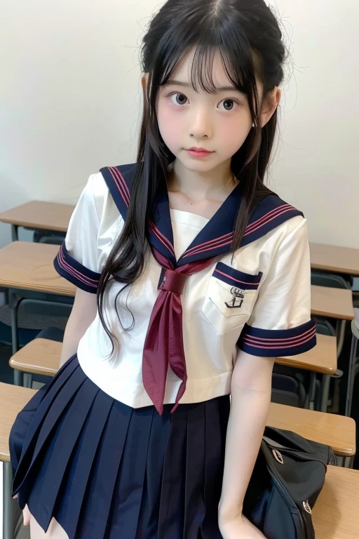 8k、Tiny、ish、cute、Clear skin、Finely shaped eyes、Double eyelids、Thin legs、Narrow shoulders、body(slim)、Pixie Hair、school uniform、Blue hairpin、classroom、