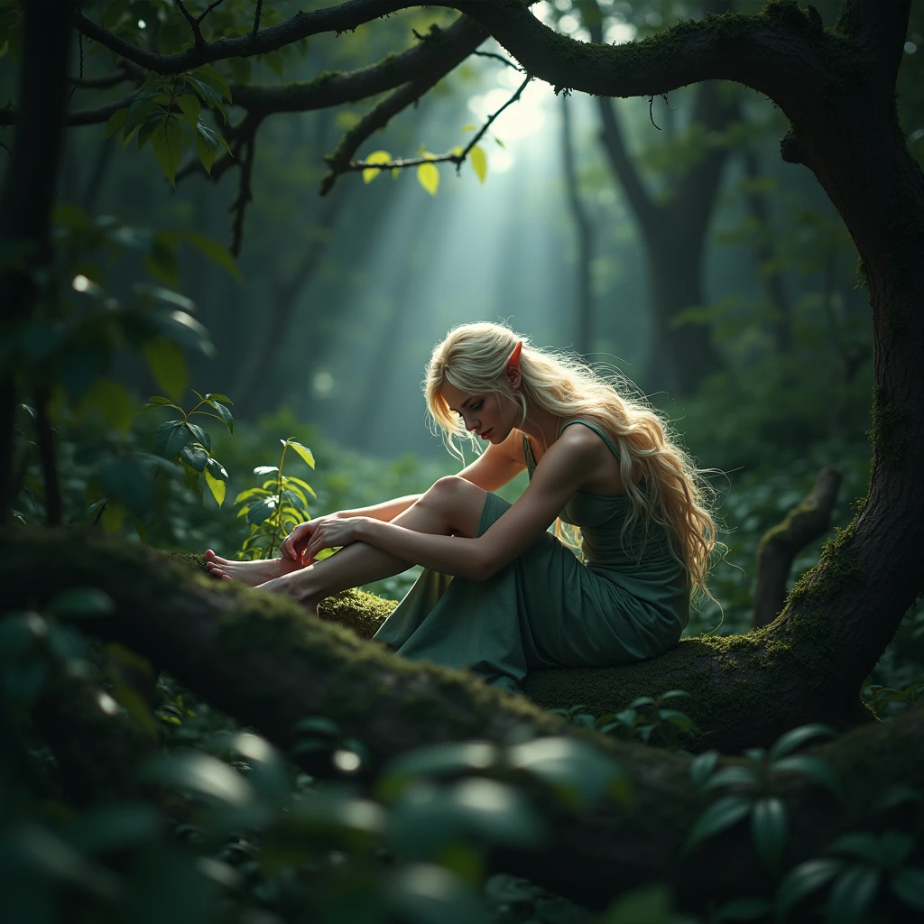 a elvish girl, blonde hair, in jungle under moonlight, perfect lightining