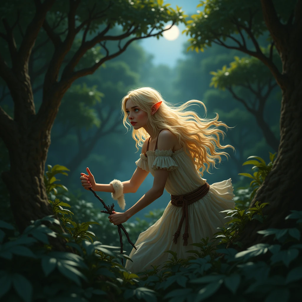 a elvish girl, blonde hair, in jungle under moonlight, perfect lightining