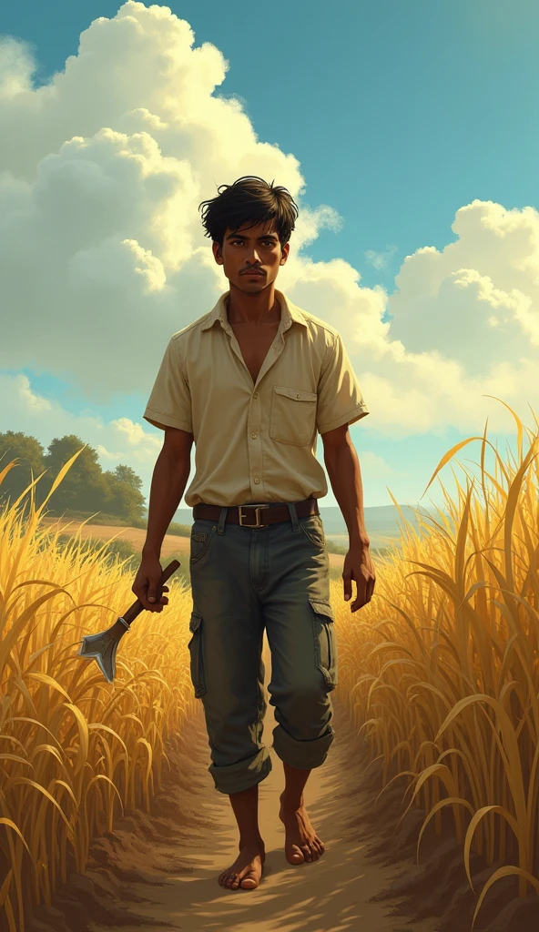 First Scene: Kishan is seen plowing his small field with his old ox, displaying determination and hard work on his face.Second Scene: Kishan is sowing seeds into the soil, with a hopeful expression in his eyes.Third Scene: Dark clouds are gathering in the sky, indicating a lack of rain and an impending drought.Fourth Scene: Kishan is standing in his dry field, looking worried as the crops have withered due to insufficient rain.Fifth Scene: Kishan is at home, sitting with a concerned and despondent expression, realizing his crops have failed.Sixth Scene: Kishan’s ox has fallen ill, and he is sitting beside the animal with a sorrowful look on his face.Seventh Scene: Kishan is in the market, selling his household items to afford treatment for his sick ox.Eighth Scene: A veterinarian is attempting to treat the ox, with Kishan anxiously watching the process.Ninth Scene: Kishan is mourning beside his ox, which has died despite his efforts to save it.Tenth Scene: Villagers gather around Kishan, offering him seeds and a new ox, showing their support and solidarity.Eleventh Scene: Kishan gratefully accepts the villagers' help, showing deep gratitude.Twelfth Scene: Kishan is back in the field, working with renewed hope and determination.Thirteenth Scene: Healthy crops are growing in the field, indicating Kishan's hard work is finally paying off.Fourteenth Scene: Kishan is standing in front of his successful harvest, smiling with happiness and relief.Fifteenth Scene: The villagers and Kishan are celebrating the bountiful harvest together, symbolizing unity and perseverance.