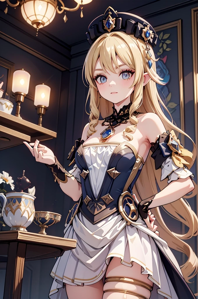 masterpiece、best quality、Extremely detailed、Beautiful Lights、[[Slender fingers and hands:0.55]::0.85],(Finger details)、Blonde、White Dress、noble、palace，surrounded by goblins, Various weapons, dirty