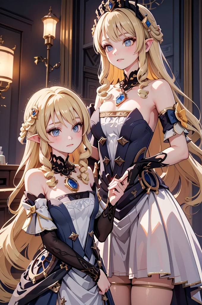 masterpiece、best quality、Extremely detailed、Beautiful Lights、[[Slender fingers and hands:0.55]::0.85],(Finger details)、Blonde、White Dress、noble、palace，surrounded by goblins, Various weapons, dirty