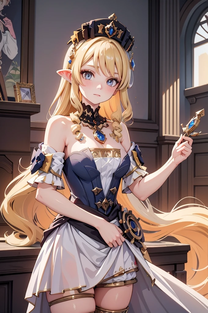 masterpiece、best quality、Extremely detailed、Beautiful Lights、[[Slender fingers and hands:0.55]::0.85],(Finger details)、Blonde、White Dress、noble、palace，surrounded by goblins, Various weapons, dirty