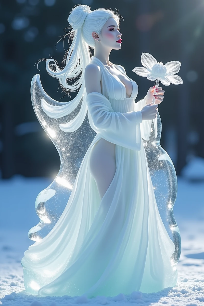 (ice - carving:1.4),Movie Angle,(Fan Bingbing, ice sculpture girl,Anatomically correct,full bodyesbian,Masterpiece ice sculpture camellia,Representative work Hanfu,Smile,sexy,full body arts,traditional arts) sexy body,erotic nude