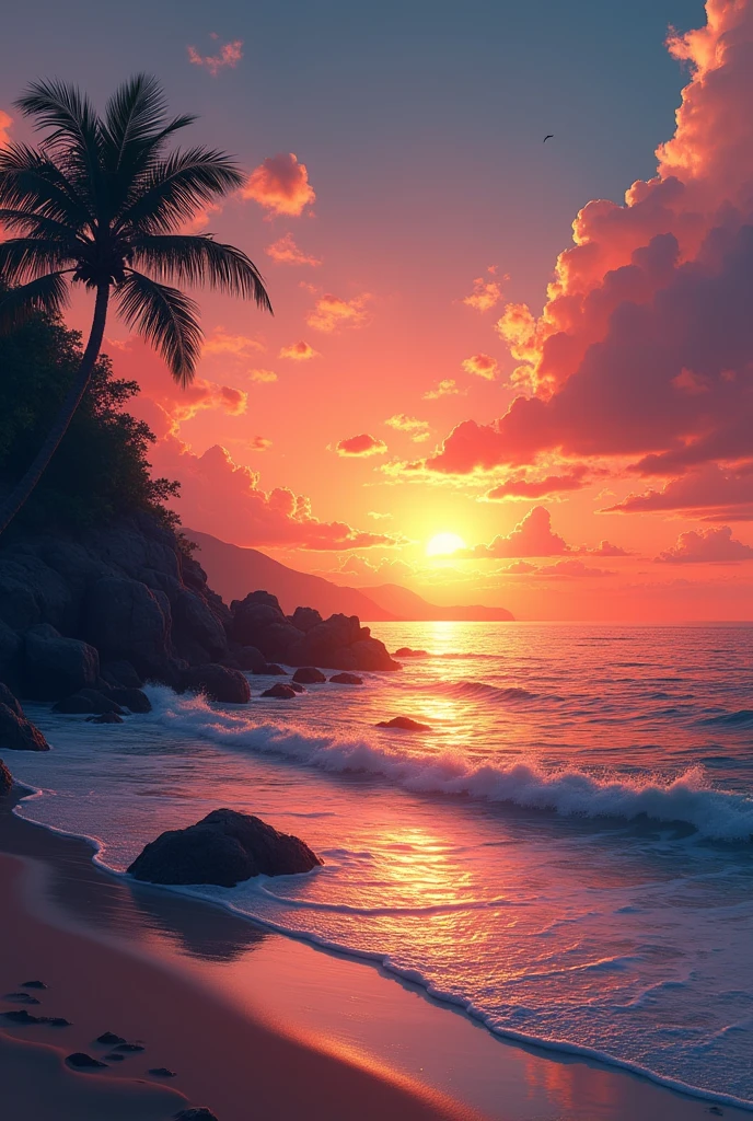 unmanned島, ocean, Sunset, sunset, orange, 红色of, of, 紫色of, 粉色of, grade, 无效of, cloud, water surface, reflection, wave, beach, Sandy beach, Palm tree, contour, shadow, rock, 奇rock, bird, oceanbird, 无效ofを飛ぶ, 安静of, 平静of, waveの音, 风of声音, nature, Magnificent views, 华丽of, 美丽of, recovery, Venture Capital, expedition, Dream, 浪漫of, Secret Area, Heaven, unmanned, , time, horizon, sun, Light, shadow絵, 比较of, dramatic, survive, unmanned島生活,美丽of Anime Landscape, landscape painting, 美丽ofデジタル絵画, Andreas Rocha, 美丽ofアートワークのイラスト, 很棒of壁纸, Han Ruiwen, 背の高い美丽of絵画, スタジオグリブリー 新ocean誠, 美丽of壁紙, Anime Landscape
