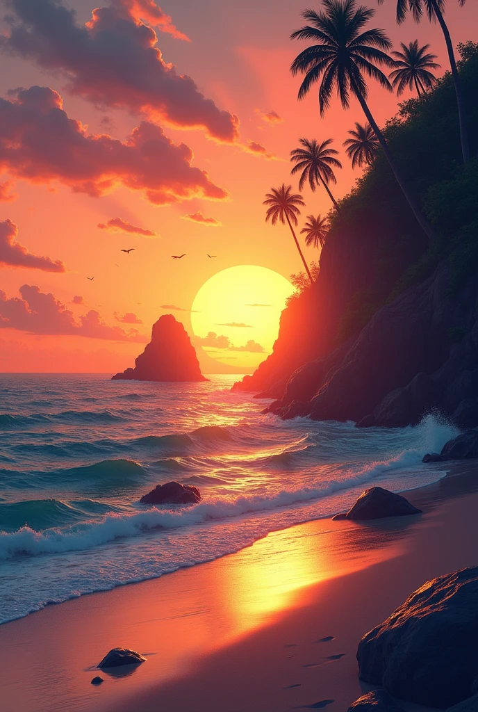 unmanned島, ocean, Sunset, sunset, orange, 红色of, of, 紫色of, 粉色of, grade, 无效of, cloud, water surface, reflection, wave, beach, Sandy beach, Palm tree, contour, shadow, rock, 奇rock, bird, oceanbird, 无效ofを飛ぶ, 安静of, 平静of, waveの音, 风of声音, nature, Magnificent views, 华丽of, 美丽of, recovery, Venture Capital, expedition, Dream, 浪漫of, Secret Area, Heaven, unmanned, , time, horizon, sun, Light, shadow絵, 比较of, dramatic, survive, unmanned島生活,美丽of Anime Landscape, landscape painting, 美丽ofデジタル絵画, Andreas Rocha, 美丽ofアートワークのイラスト, 很棒of壁纸, Han Ruiwen, 背の高い美丽of絵画, スタジオグリブリー 新ocean誠, 美丽of壁紙, Anime Landscape