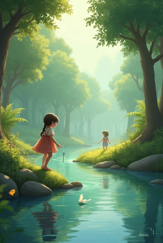 Scene 2: The Key Falls into the River
Elara playing near a calm river, with the key slipping off her neck and falling into the water.