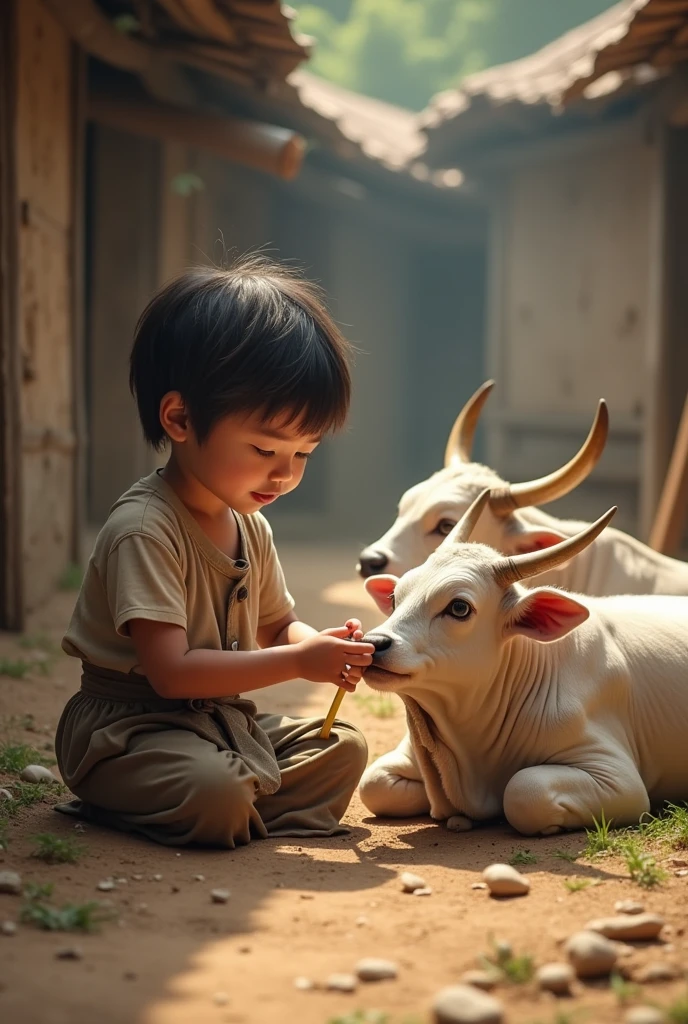 Three Sick calf sit on the floor taking treatment by child give medicine by bamboo real life villages