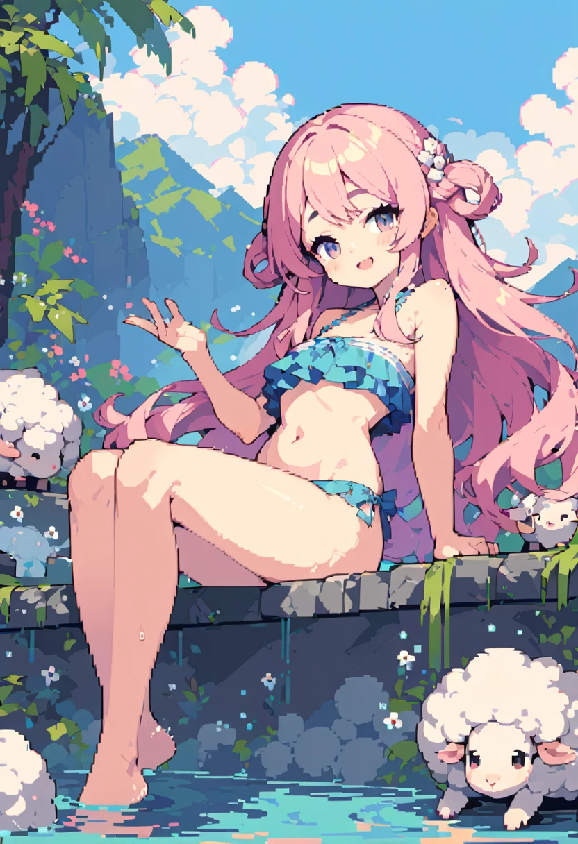 masterpiece, Highest quality, 8k, Pixel art, Pixel art, Vivid, Sheep, woman, 若いwoman, smile, cute, Directed at an angle, Open your mouth, Fluffy hair, Long Hair, Hair like sheep's hair, Pink Hair, eyebrow, 太いeyebrow, Swimwear, Bathing