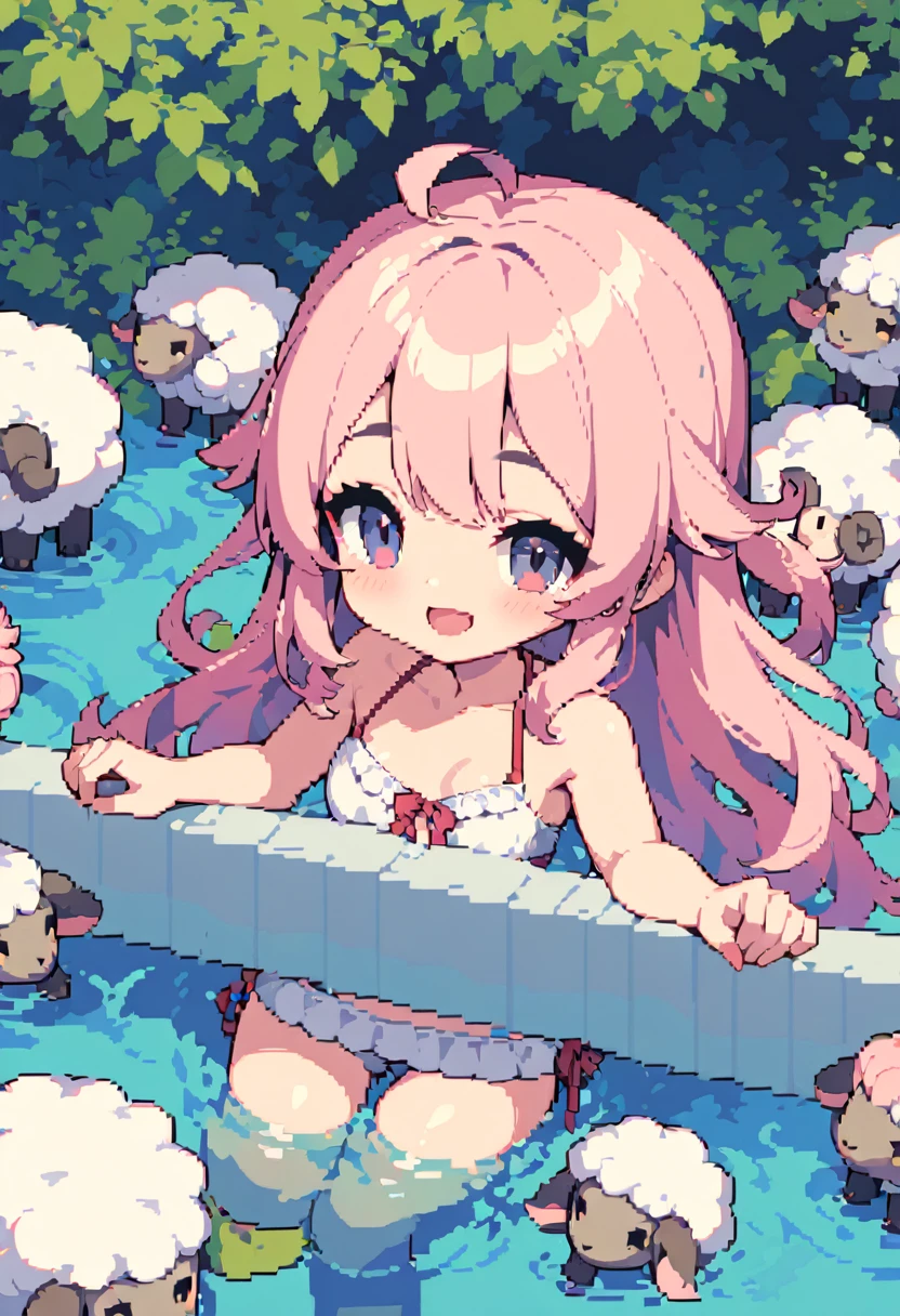 masterpiece, Highest quality, 8k, Pixel art, Pixel art, Vivid, Sheep, woman, 若いwoman, smile, cute, Directed at an angle, Open your mouth, Fluffy hair, Long Hair, Hair like sheep's hair, Pink Hair, eyebrow, 太いeyebrow, Swimwear, Bathing