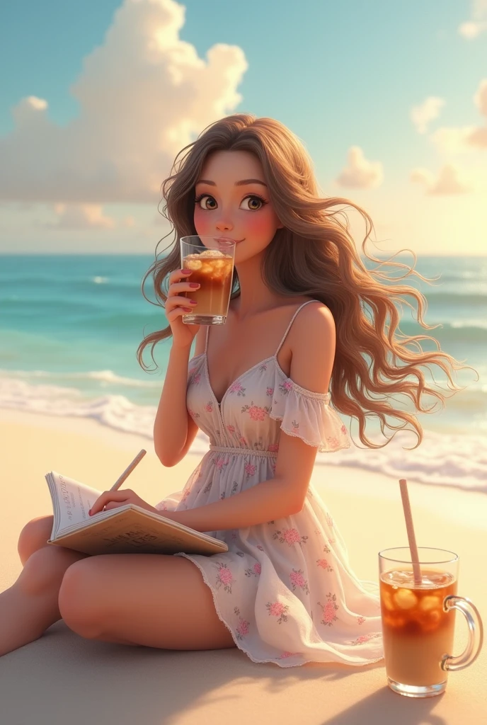 Animated Ethereal woman with curly hair wearing off shoulder dreamy and floral dress sipping iced coffee writing in a diary in the beach