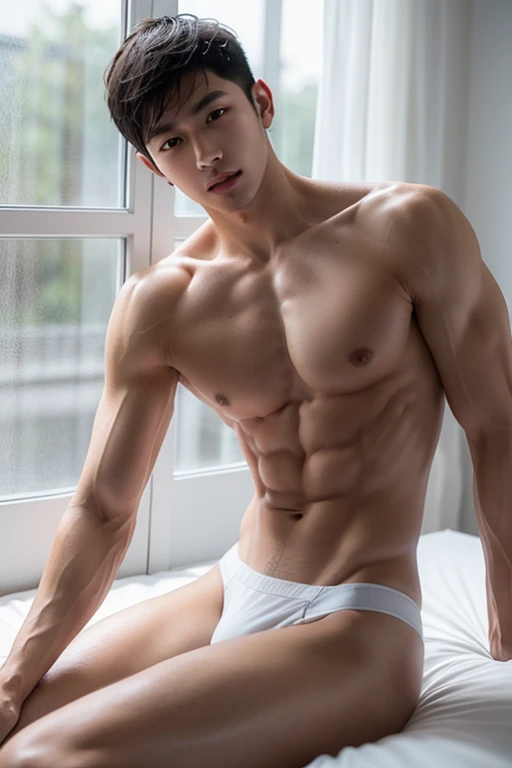 Create a 64k virtual photo of a bed against the window, soft moonlight pouring into the room, soft light, low-angle portrait, Vietnamese young man, short haircut, handsome and dark face, fine tan skin, beautiful chest and abdominal muscles, well-proportioned body, wearing white underwear, lying with legs stretched wide on a soft bed.