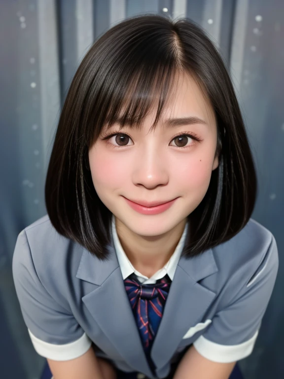 (kawaii 18 year-old Japanese girl is standing, Nogizaka idol, Korean idol), healthy female athlete body, (glossy black hair, short hair, pixie cut, bangs:1.3), (rounded face, pure black eyes, single eyelid, no makeup, splashing smile:1.2), (wearing Japanese school uniforms, blazer jacket, collared shirt, bow tie:1.3), extra small breasts, plaid skirt, bare thighs, high socks, loafers,  thigh gap, BREAK, (simple grey background:1.3), (dynamic angle,  cowboy shot, face focus:1.2), BREAK, (masterpiece, best quality, photo realistic, official art:1.4), (UHD, 8K quality wallpaper, high resolution, raw photo, golden ratio:1.3), (shiny skin), professional lighting, physically based rendering, award winning, (highly detailed skin, extremely detailed face and eyes, anatomically correct body), Carl Zeiss 85 mm F/1.4, depth of field, 1girl, solo,
