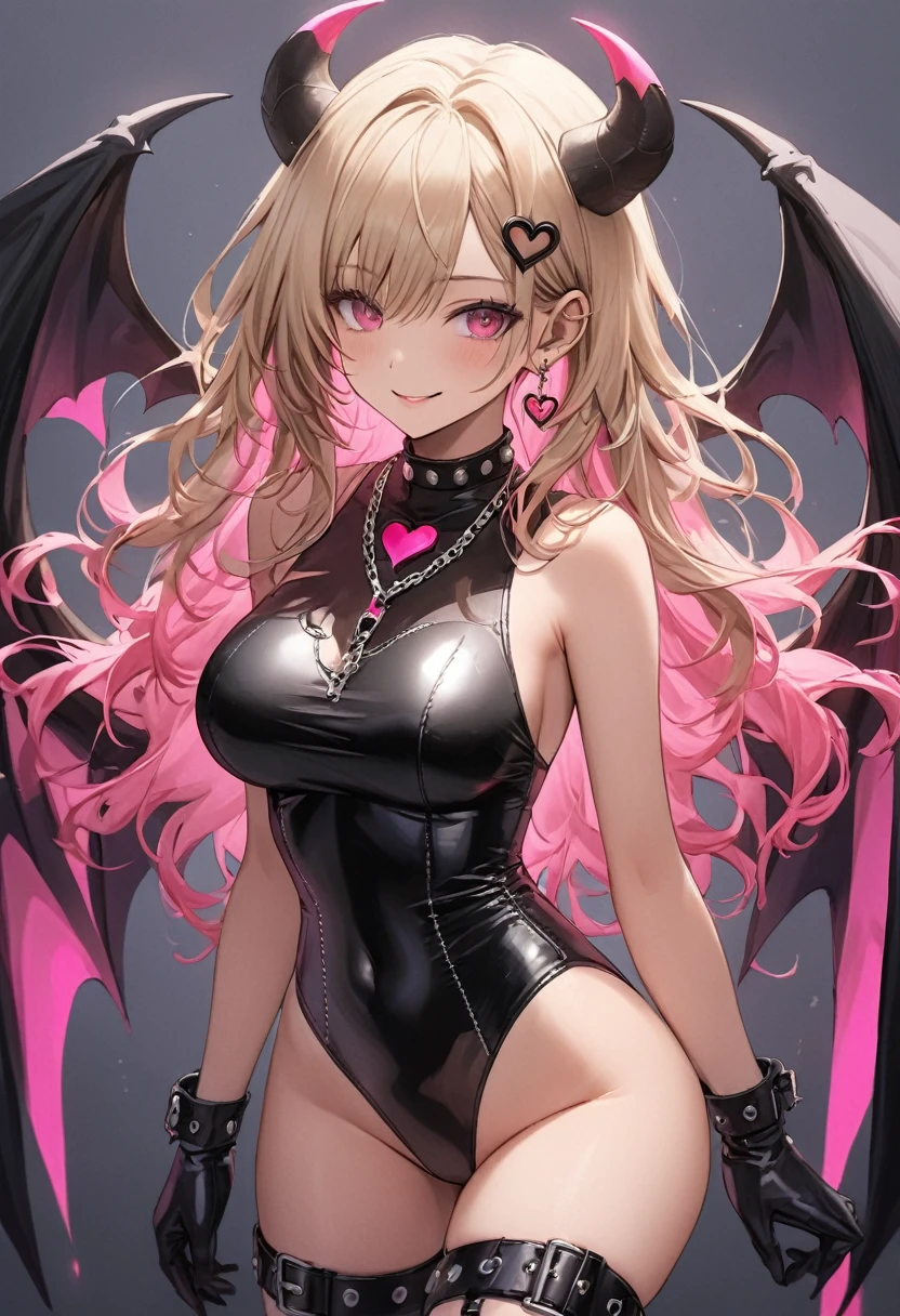 Achilles, Long Hair,((Highest quality,,T-and-Star Piece:1.3)),Sharp focus:1.2,Beautiful woman with perfect figure:1.4,,(Incredibly large breasts:1.4),(Big Hips),smile,Slim Abs:1.2,((Beige Hair,.4)),,Highly detailed face and skin texture,fine grain,double eyelid、(Black Theme:1.3), (Gothic Punk:1.3), (studded leather jacket:1.1), (Latex leotard, Leotard Fusion Gothic Skirt, Frills, Race:1.2), Race-up boots, gloves, chain neckRace, choker, Chain Accessories, zettai ryouiki
、【prompt】
Dark Skin,(Dark Skin,White Hair,Sunburn),break (black and shocking pink theme:1.4), (Sexy Succubus Cosplay Costume with Genital Tattoo:1.2), (sleeveless black latex high neck crop top with Heart-shaped cut keyhole:1.4), ((Exposing shoulders, Bare arms, Bare thighs):1.3), (Black latex low rise micro shorts:1.3), (shocking pink grommet belt:1.3), (Tight latex black long sleeves:1.3), ((Black high platform shoes and thigh-high boots) With heels:1.2), (shocking pink devil horns has bioluminescence glow LED-light on temporal region:1.3), (Large bat wings for cosplay:1.4), (Black wings:1), (shocking pink (Heart-shaped, Heart symbol) Bioluminescent LED light on abdomen:1.4),