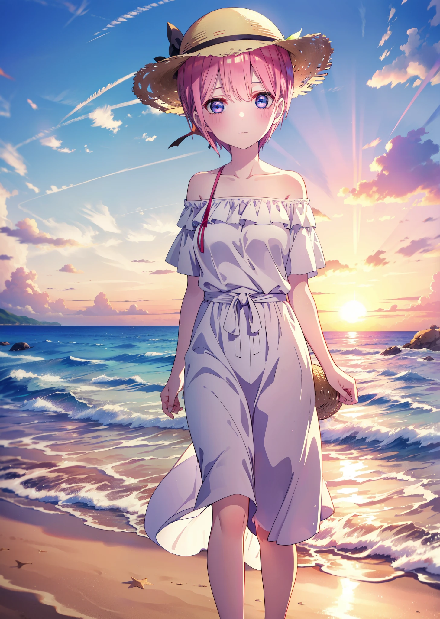 ichikanakano, Nakano Ichika, short hair, bangs, blue eyes, Hair between the eyes, Pink Hair, smile,blush,Open your mouth,Straw hat,White off-shoulder dress,Short sleeve,Long skirt,barefoot,Walking,sunset,evening,The sun is setting,Strolling on the sandy beach,
break outdoors, Beach,
break looking at viewer, whole body,
break (masterpiece:1.2), Highest quality, High resolution, unity 8k wallpaper, (figure:0.8), (Beautiful attention to detail:1.6), Highly detailed face, Perfect lighting, Highly detailed CG, (Perfect hands, Perfect Anatomy),