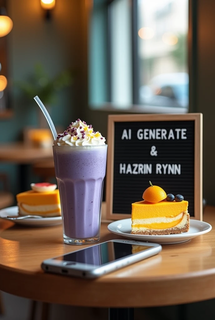 Taken an iphone 5, a photograph of blueberries milkshake and mango cheesecake on the table at cafe. The signboard says "AI GENERATE HAZRIN RYNN"