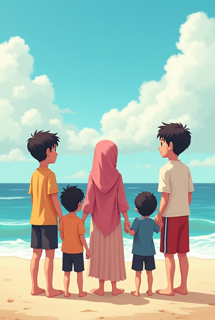 Quintuplets ( 4 boy 1girl ( hijab girl ) the girl in the Middle and 2 boy on left the girl and 2 more boys on the right girl. the quintuplets Seeing the beach. Image in Back. Height : 4 boys : 180cm the girl : 150cm