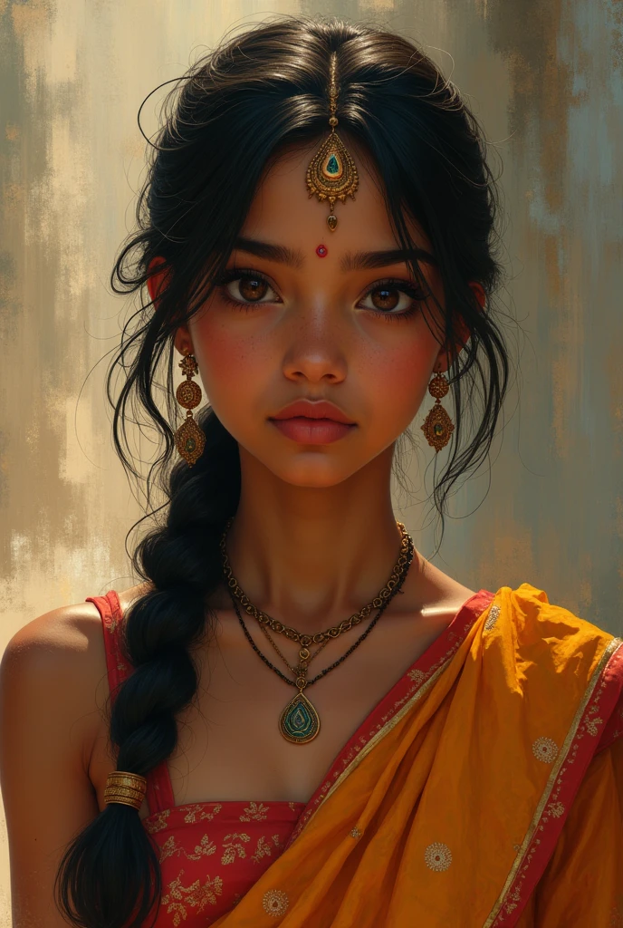 Indian girl age between 20-23 . Realistic background