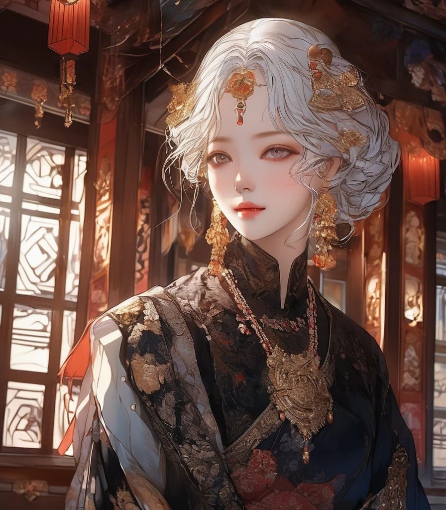 (Masterpiece:1.2, high quality), (pixiv:1.4), (1girl:1.2), (solo:1.2), (smile:0.8), meimeidef, white hair, hair over one eye, brown eyes, (detailwd eyes), dark eyeshadow, eyelashes, (detailed face), pale red lips, make-up, glossy lips, black dress, puffy sleeves, long sleeves, (perfectly round breasts:1.2), cleavage, slim waist, body curves, bent forward, wide hips, ultra-detailed, 4k, 8k, HD, 1080, (absurdres:1.2), vivid colors, aesthetic indoors intrinsic details, dim lighting, high contrast, professional photography, wooden temple background, wooden wall, view from below, looking away, looking away from viewer, ((detailed face)), facial details, (symmetrical eyes)