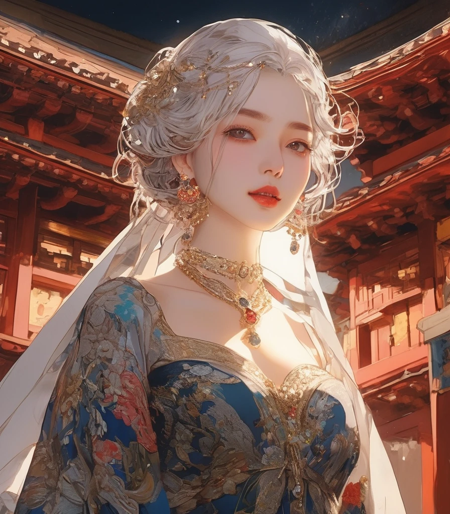 (Masterpiece:1.2, high quality), (pixiv:1.4), (1girl:1.2), (solo:1.2), (smile:0.8), meimeidef, white hair, hair over one eye, brown eyes, (detailwd eyes), dark eyeshadow, eyelashes, (detailed face), pale red lips, make-up, glossy lips, black dress, puffy sleeves, long sleeves, (perfectly round breasts:1.2), cleavage, slim waist, body curves, bent forward, wide hips, ultra-detailed, 4k, 8k, HD, 1080, (absurdres:1.2), vivid colors, aesthetic indoors intrinsic details, dim lighting, high contrast, professional photography, wooden temple background, wooden wall, view from below, looking away, looking away from viewer, ((detailed face)), facial details, (symmetrical eyes)
