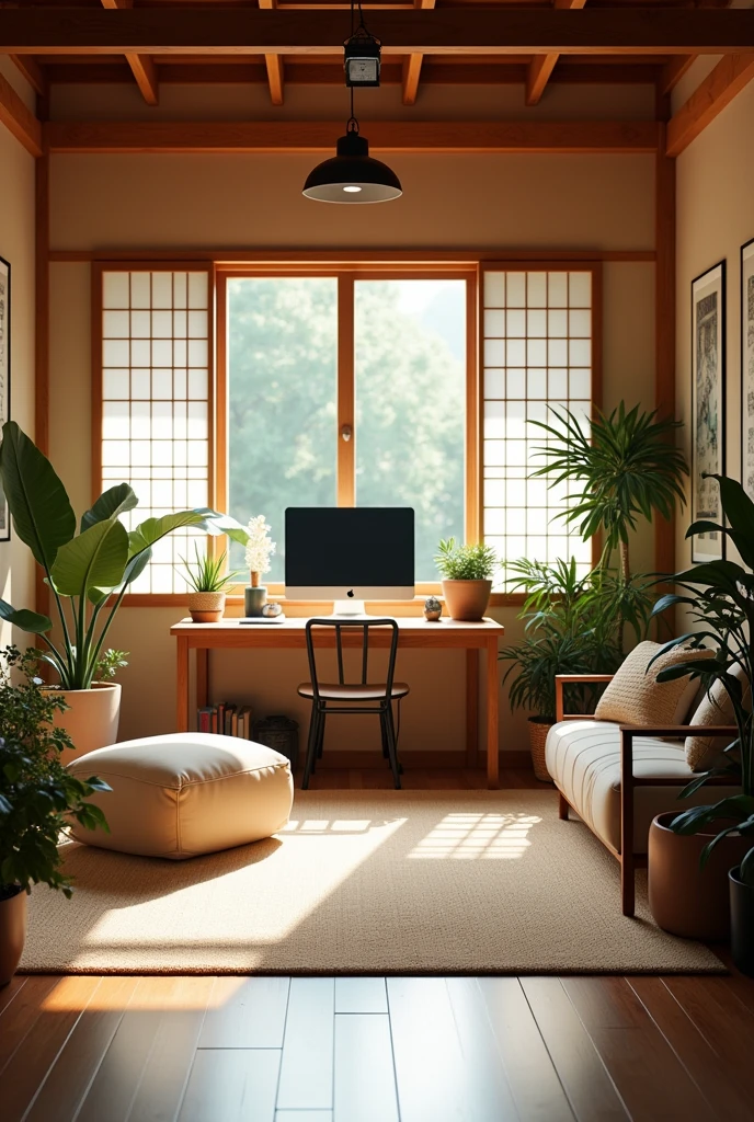 Create a YouTuber studio with a cozy and Japanese atmosphere , vu depuis la camera comme on pourrait le voir depuis une video