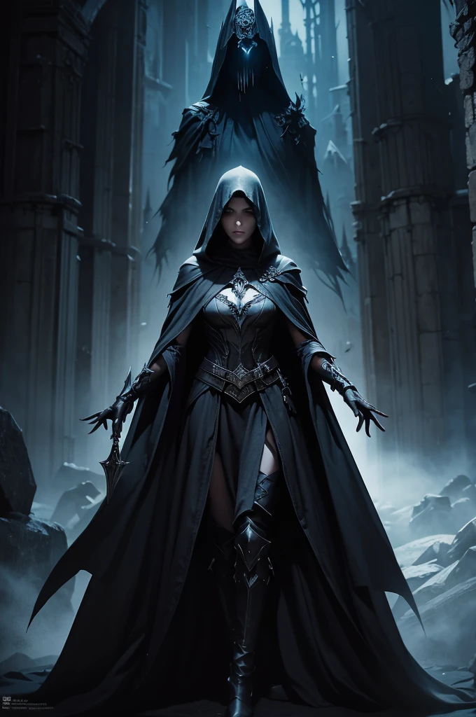 Ara of a person with a big sickle々Images, concept art by Han Gan, Artstation contest winner, Digital Art, Benedic Bana, dark cloaked necromancer, Dark fantasy concept art, Wraith with dark hood, dark high-contrast concept art, The figure of the dark cloak, Dark concept art, Shroud Figure, dark fantasy character design