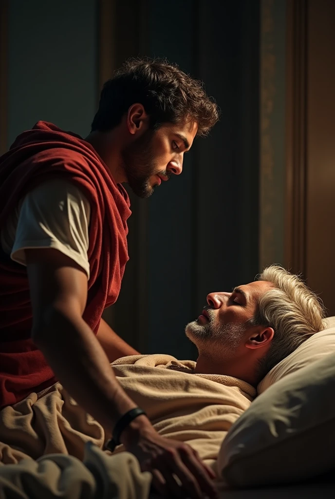 image where a young, dark-skinned man stealthily approaches in the middle of the night a Roman emperor with short, graying blond hair who is sleeping in his chambers in the ancient Roman empire
