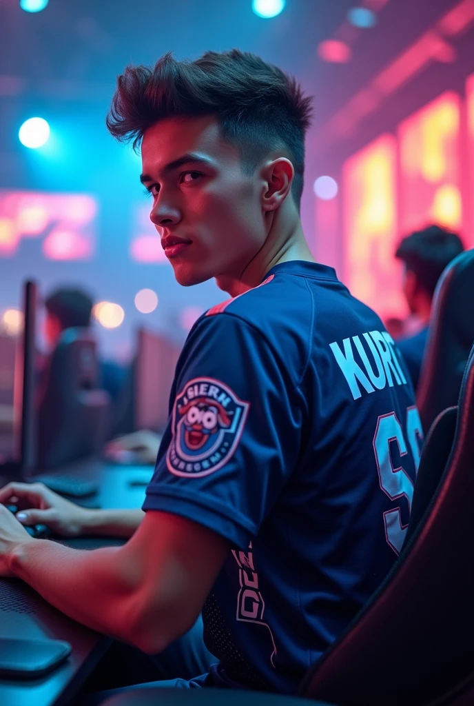 A young man gamer wearing esports jersy with a name of "KURT" at the back