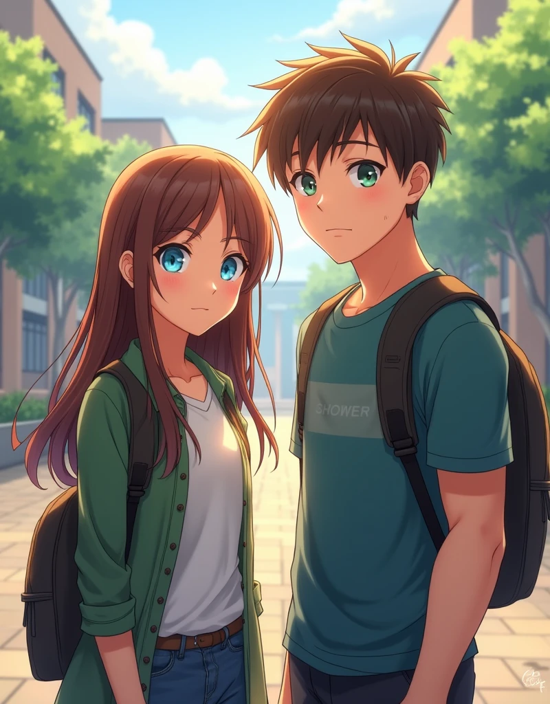 (2people:1.4), [(1girl:1.3), (long straight brown hair:1.4), (teal eyes:1.3)], [(1guy:1.3), (short brown hair:1.4), (blue eyes:1.3), (strong:1.3)], (school background:1.5), (looking at viewer:1.2)