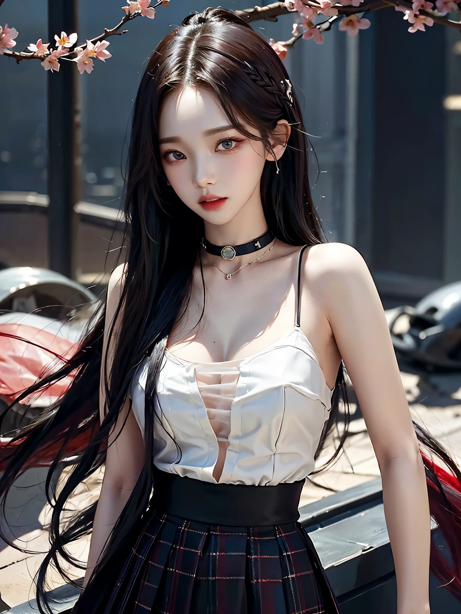 큰 chest, 젖어서 chest이 보이는 흰색 shirt, masterpiece, best quality, whole body, 1 woman, forehead, black choker, black necktie, blond hair, blue skirt, blush, bracelet, chest, choker, clothes approximately waist, clavicle, collared shirt, cowboy shot, dress shirt, ear piercing, eyebrows visible through hair, gradient hair, 이를 드러내고 laugh, fix, bijouterie, Kogal, long hair, looking at viewer, loose necktie, necktie, piercing, plaid, plaid skirt, pleated skirt, red eyes, ring, , shirt, skirt, laugh, alone, distance, sky, Cherry Blossom, petal,illustration, (Magazines:1.3), (sheathe-style:1.3), fashionable, female, vibrant, outfit, posing, front, fancy, dynamic, background, coercion, confidence, expression, possession, name, accessories, majestic, coil, approximately, touch, scene, texts, sheathe, brave, attracting attention, title, Refined, font, catchy, headline, bigger, striking, modern, Trend, Concentrate upon, fashion,