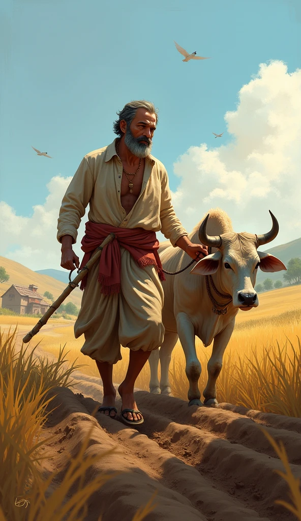Here are the 15 parts of the story described in English. You can use these as separate prompts:
1. **First Scene:** Kishan is seen plowing his small field with his old ox, displaying determination and hard work on his face.
2. **Second Scene:** Kishan is sowing seeds into the soil, with a hopeful expression in his eyes.
3. **Third Scene:** Dark clouds are gathering in the sky, indicating a lack of rain and an impending drought.
4. **Fourth Scene:** Kishan is standing in his dry field, looking worried as the crops have withered due to insufficient rain.
5. **Fifth Scene:** Kishan is at home, sitting with a concerned and despondent expression, realizing his crops have failed.
6. **Sixth Scene:** Kishan’s ox has fallen ill, and he is sitting beside the animal with a sorrowful look on his face.
7. **Seventh Scene:** Kishan is in the market, selling his household items to afford treatment for his sick ox.
8. **Eighth Scene:** A veterinarian is attempting to treat the ox, with Kishan anxiously watching the process.
9. **Ninth Scene:** Kishan is mourning beside his ox, which has died despite his efforts to save it.
10. **Tenth Scene:** Villagers gather around Kishan, offering him seeds and a new ox, showing their support and solidarity.
11. **Eleventh Scene:** Kishan gratefully accepts the villagers' help, showing deep gratitude.
12. **Twelfth Scene:** Kishan is back in the field, working with renewed hope and determination.
13. **Thirteenth Scene:** Healthy crops are growing in the field, indicating Kishan's hard work is finally paying off.
14. **Fourteenth Scene:** Kishan is standing in front of his successful harvest, smiling with happiness and relief.
15. **Fifteenth Scene:** The villagers and Kishan are celebrating the bountiful harvest together, symbolizing unity and perseverance.
These prompts can be used to create 15 individual images that together tell the entire story.