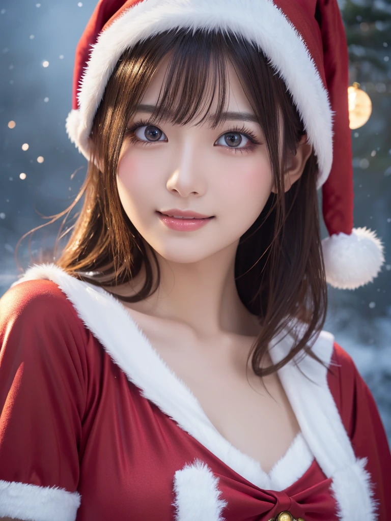 beautiful detailed eyes,droppy eyes,beautiful detailed lips, extremely detailed eyes and face, long eyelashes, 1japanese girl, fantasy character, (Santa Claus costume:1.25),smile,short hair,highly detailed, dramatic lighting, glowing effects, mist, intricate details, volumetric lighting, cinematic composition, hyper realistic, 8k, best quality, masterpiece, photorealistic,Highres fix,snowy night