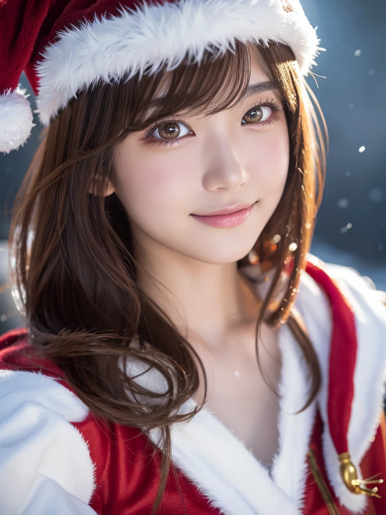 beautiful detailed eyes,droppy eyes,beautiful detailed lips, extremely detailed eyes and face, long eyelashes, 1japanese girl, fantasy character, (Santa Claus costume:1.25),smile,short hair,highly detailed, dramatic lighting, glowing effects, mist, intricate details, volumetric lighting, cinematic composition, hyper realistic, 8k, best quality, masterpiece, photorealistic,Highres fix,snowy night